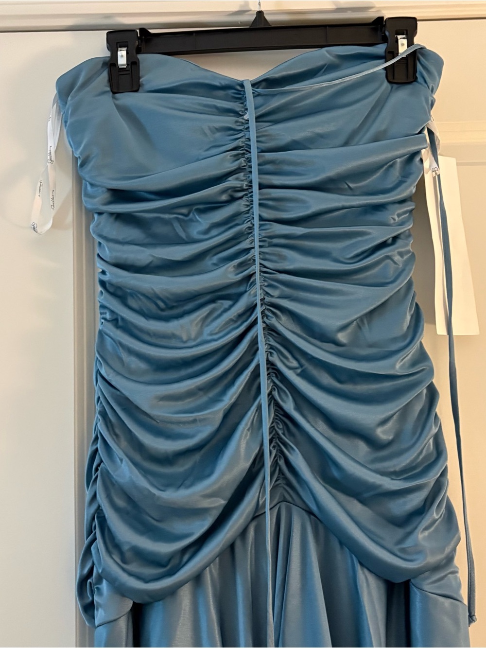 NWT Strapless Ruched Blue Cascade Evening Dress - Picture 5 of 12